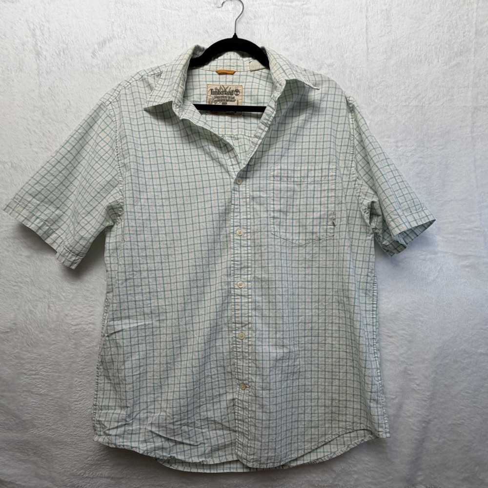 Timberland Men's Short Sleeve Button Up Shirt Teal/Yellow  Plaid Size L